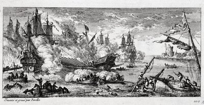 Agostan meritaistelu (nykyinen Augusta Sisiliassa) Ranskan laivaston ja espanjalaisen ja hollantilaisen liiton välillä 22. huhtikuuta 1676. Kutsutaan myös Gibel-vuoren taisteluksi (Gibel-vuori) tai Famagustan taisteluksi. tekijältä Gabriel Perelle
