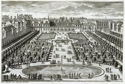 Näkymä Parc du Palais Royalille Pariisissa. Kaiverrus Perelle, 1600-luvun loppu. tekijältä Gabriel Perelle