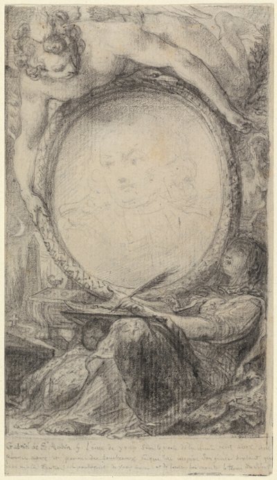 Allegorinen kehys, jossa nero ja hunnutettu nainen kirjoittavat, noin 1769 (mustaliitu paperille). tekijältä Gabriel de Saint-Aubin