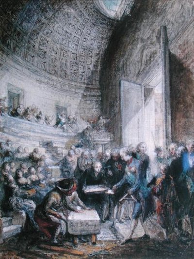 Ludvig XVI (1754-93) Laskee ensimmäisen kiven kuninkaalliseen kirurgiaakatemiaan tekijältä Gabriel de Saint Aubin