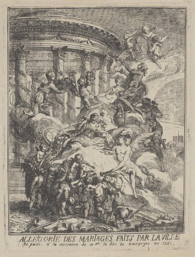 Allegoria Pariisin kaupungin solmimista avioliitoista Burgundin herttuan syntymän yhteydessä, 1751 tekijältä Gabriel de Saint Aubin