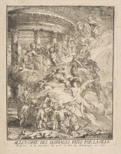 Allegoria Pariisin kaupungin solmimista avioliitoista Burgundin herttuan syntymän yhteydessä vuonna 1752. tekijältä Gabriel de Saint Aubin