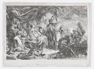 Laban etsii kotijumaliaan, n. 1753. tekijältä Gabriel de Saint Aubin