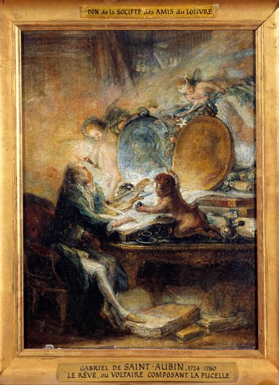 Le Reve ou Voltaire (1694-1778) säveltämässä piikaa"""" Gabriel Jacques de Saint Aubinin (1724-1780) maalaus Sun. 0,32x0,24 m tekijältä Gabriel de Saint Aubin