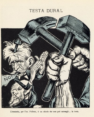 Italian ministerineuvoston puheenjohtajan kieltäytyminen hyväksymästä poliittisista rikoksista tuomittujen armahdusta vuonna 1898 (litografia). tekijältä Gabriele (1865-1937) Galantara