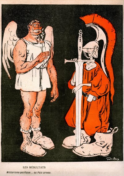 Sota ja rauha. Gabriele Galantaran (1867-1937) allegorie (sarjakuva) ranskalaisen satiirisen sanomalehden ”” L