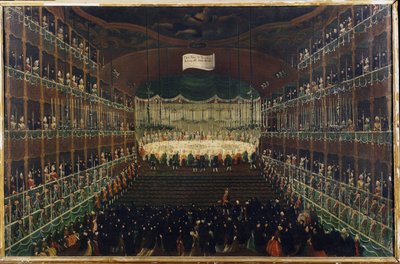 Ateria San Benedetto -teatterissa - "" Vastaanotto pohjoisen ruhtinaiden kunniaksi"" Juhla, joka kokoaa yhteen suurlähettiläät. Gabriel Bellan (1730-1799) maalaus 1700-luvun Venetsia, Galleria Fondazione Querini Stampalia tekijältä Gabriele Bella