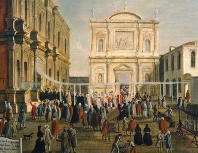 Doge ja herrat San Roccon kirkossa pyhänä päivänä, kirjoittanut Gabriel Bella (1730-1799) Öljy kankaalle, 92,5x145,5 cm, yksityiskohta tekijältä Gabriele Bella