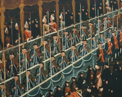 Dogen tarjoama lounas San Benito Theatressa pohjoisen Venetsian prinssien kunniaksi, kirjoittaja Gabriel Bella (1730-1799), öljy kankaalle, Yksityiskohta tekijältä Gabriele Bella