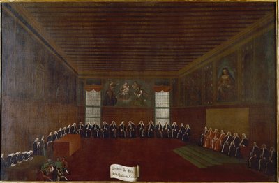Näkymä rikoskaranteenin, korkeimman oikeuden tai neljänkymmenen neuvoston huoneesta Gabriele Bellan (1733-1799) maalaus 1700-luvun Venetsia, Fondazione "" Querini Stampalia"" tekijältä Gabriele Bella