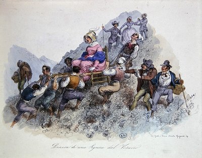 Turisti laskeutumassa Vesuviukselta, n. 1830 (värilitho) tekijältä Gaetano (after) Dura
