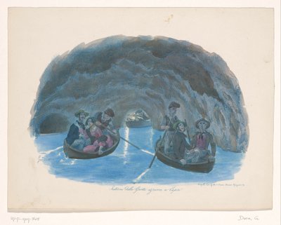 Figuurit soutuveneillä Caprin Sinisessä luolassa Interno della Grotta azzurra a Capri (otsikko esineessä) tekijältä Gaetano Dura