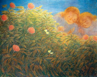 Kukat ja perhoset, Gaetano Previati (1852-1920), öljy kankaalle tekijältä Gaetano Previati