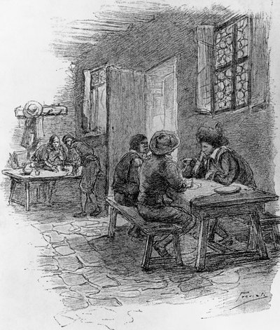 Renzo, Tonio ja Gervase majatalossa, luku VII, Gaetano Previatin (1852-1920) kuvitus teokselle Faithfulness, Alessandro Manzonin (1785-1873) historiallinen romaani tekijältä Gaetano Previati