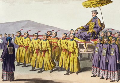 Keisari Chien Lung kantoi Triumphissa, levy 18 Jules Ferrarion Le Costume Ancien et Modernesta, julkaistu noin 1820-30-luvulla tekijältä Gaetano Zancon