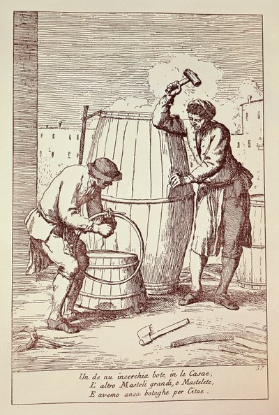 Coopers at work, Kaiverrus Gaetano Gherardo Zompini (1700-1778) teoksesta Venetsian kaupungin arkipäivän taide, Italia tekijältä Gaetano Zompini