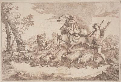 Pastoraalinen matka lapsen kanssa korissa hevosen selässä tekijältä Gaetano Zompini, after Giovanni Benedetto Castiglione