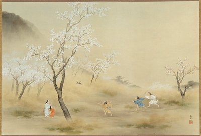 No-asobi (pelaa kentällä), n. 1905 (muste ja väri paperille) tekijältä Gaho Hashimoto
