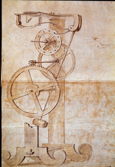 Kello punnitusheiluri, jonka italialainen tähtitieteilijä ja fyysikko Galileo Galilei dit Galilea (1564-1642) tutki vuonna 1638 mittaamaan aikaa. Piirustus. Firenze, Kansalliskirjasto tekijältä Galileo Galilei