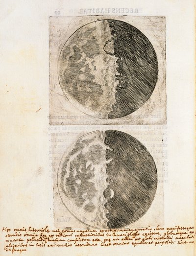 Sidereus Nuncius (Starry Messenger) piirroksilla Kuun vaiheista ja pinnasta tekijältä Galileo Galilei