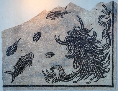 Mosaiikki, jossa on valtameren jumalan pää ja merieläimiä. tekijältä Gallo-Roman