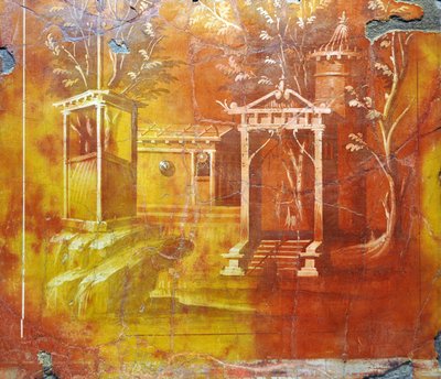 Römische Kunst: Architektonische Landschaft mit Tempel und heiligem Portal aus der Villa Papiri (Fresko) von Gallo-Roman