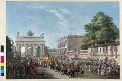 Keisari Franz I:n maahantulo Milanossa 10. toukokuuta 1825 (akvatintti). tekijältä Gallo Gallina