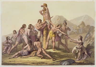 Perun intiaanit tekemässä uhrauksia, julkaisusta "Le Costume Ancien et Moderne", osa I, levy 15, Jules Ferrario, julkaistu noin 1820-30-luvulla (väri litho) tekijältä Gallo Gallina