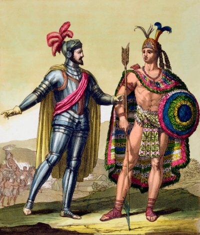 Hernando Cortesin ja Montezuma II:n kohtaaminen, Meksiko, 1519 c1820-1839 tekijältä Gallo Gallina