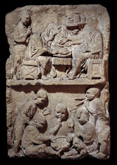 Art Gallo Romain: aterioiden ja lasten pelien kohtausta edustava steele. 50 eKr.-100 jKr. Metz. Kuvataidemuseo tekijältä Gallo Roman