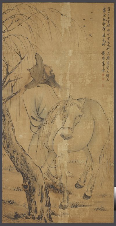 Hevonen ja sulhanen, n. 1700 (muste ja väri paperille) tekijältä Gao Qipei