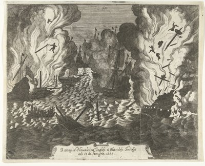 Lowestoftin taistelu 1665 Meritaistelu englantilaisten ja hollantilaisten välillä peräkkäin 13. kesäkuuta 1665 (otsikko esineessä) tekijältä Gaspar Bouttats (attributed to)
