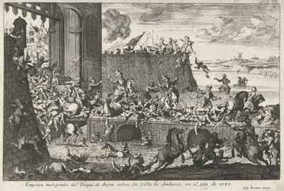 Franse Furie te Antwerpenistä, 1583 Anjoun herttuan epäonnistunut yritys Amberezin kaupungissa vuonna 1583 (otsikko esineessä) tekijältä Gaspar Bouttats