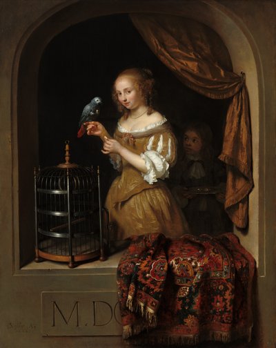 Nainen ruokkimassa papukaijaa sivun kanssa, 1666. tekijältä Gaspar Netscher