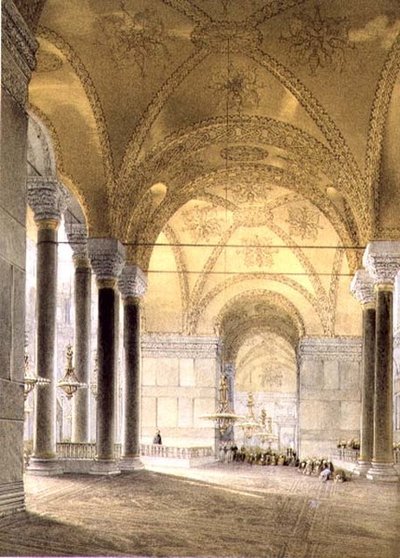 Hagia Sofia, levy 7: sisäänkäynti naveen, kaiverrettu Louis Haghe (1806-85), julkaistu 1852 (litho) tekijältä Gaspard (after) Fossati