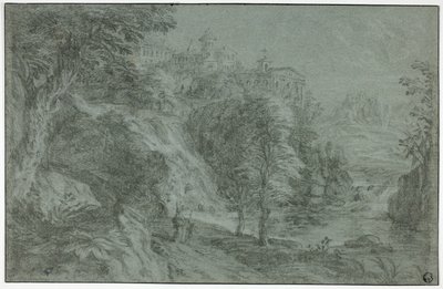Italianate maisema ja kirkko kalliolla tekijältä Gaspard Dughet