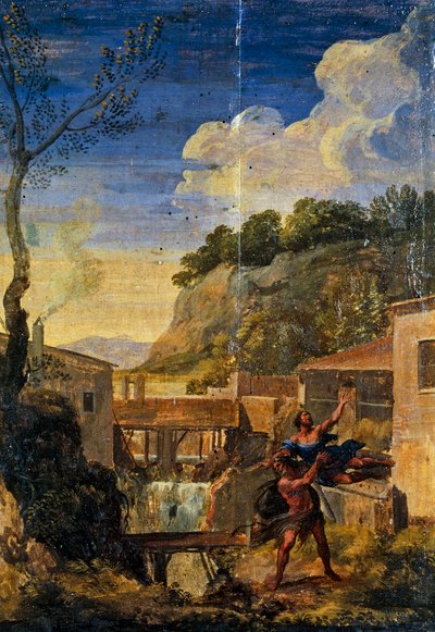Maaseutu Herculesin ja Antaeuksen kanssa (öljy kankaalle) tekijältä Gaspard Poussin (school of) Dughet