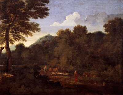 Maisema lammaslaumalla, Gaspard Dughet (1615-1675), öljy kankaalle, 50x66 cm. tekijältä Gaspard Poussin Dughet
