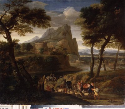 ""Maisema matkailijoiden kanssa"" (Maisema karavaanin kanssa) Gaspard Dughetin (1615-1675) maalaus 1600-luvun valtion ulkoilmamuseon palatsi Gatchina, Pietari tekijältä Gaspard Poussin Dughet