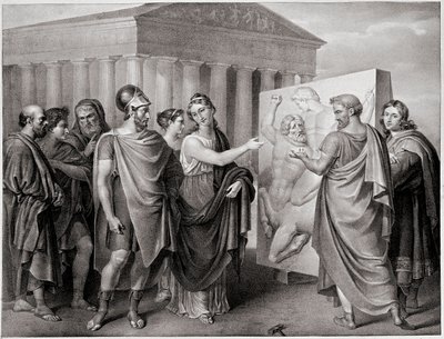 Ateenalainen poliitikko Perikles (495-429 eKr.) ja hänen toverinsa Aspasie ohjaavat Phidiaan työtä Parthenon a Athenes -tapahtumassa (Perikles ja Aspasia ohjaavat Phidiaan työtä Parthenonille Ateenassa). Kaiverrus Gaspare Landin (1756-1830) maalauksen jälk tekijältä Gaspare Landi