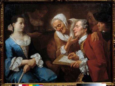 Taidemaalari ja hänen mallinsa, hänen takanaan vanha nainen venyttelee kaulaansa katsomaan hänen piirtämistään. Gaspare Traversin (1732-1769) maalaus 1754 Su. 0,99x0,73 m tekijältä Gaspare Traversi