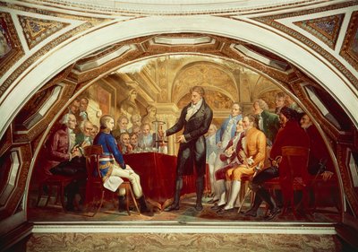 Alessandro Volta (1745-1827) esittelee vastikään keksittyä akkuaan Napoleonille (1769-1821) Institut de Francessa Pariisissa 7. marraskuuta tekijältä Gaspero Martellini