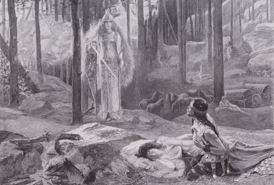Ilmestys (Brunnhilde löytää Sieglinden ja Siegmundin) (litho) tekijältä Gaston Bussiere