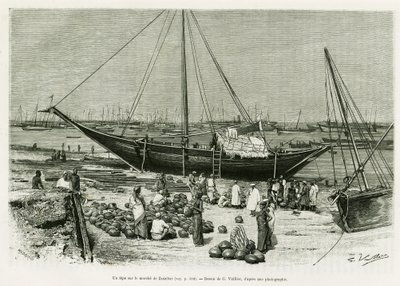 Tepe Zanzibarin markkinoilla (Tansania). G. Vuillierin kaiverrus havainnollistamaan tarinaa Voyage among the Benadirs, Somalias and Bayouns, 1882 ja 1883, kirjoittanut G.Revoil, in le tour du monde 1888, ohjannut Edouard Charton (1807-1890), Hachette, Pari tekijältä Gaston Vuillier