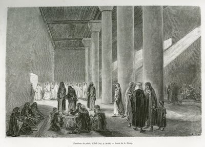 Emir Muhammad Ibn Abdullah Al Rashidin (1872-1897) palatsin sisällä Hailissa, Saudi-Arabiassa. G. Vuillierin kaiverrus havainnollistamaan tarinaa "" pelerinage au Nedjed, arabirodun kehto", Lady Anna Blunt, vuosina 1878-1879, julkaistu Tour du mo -lehdessä tekijältä Gaston Vuillier