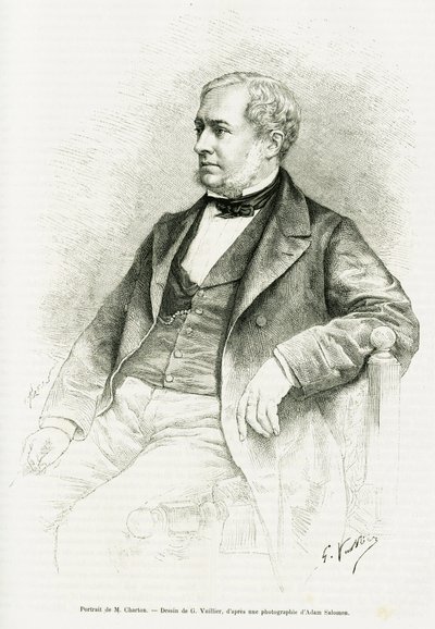 Edouard Chartonin muotokuva. G. Vuillierin kaiverrus Adam Salomonin valokuvan jälkeen havainnollistamaan Paul Laffiten artikkelia M. Charton in le tour du monde 1890, toimittanut Edouard Charton (1807-1890), Hachette, Paris. tekijältä Gaston Vuillier