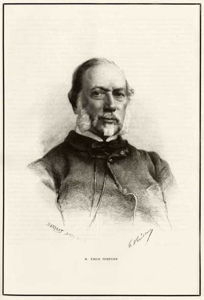 Muotokuva Emile Templieristä (1821-1891), Louis Hachetten (1800-1864) yhteistyökumppanista, joka vastasi Tour du monden valmistuksesta. G.Vuillierin kaiverrus havainnollistamaan Gabriel Bonvalon tarinaa "Pariisista Tonkiniin, tuntemattoman Tiibetin läpi" tekijältä Gaston Vuillier