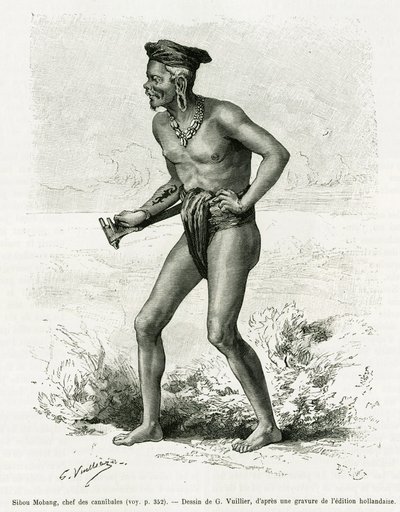 Sibou Mobang, kannibaalien johtaja. G. Vuillierin kaiverrus havainnollistamaan tarinaa De Koutei a Bandjirmasin, matka Borneon halki, Carl Bock, in le tour du monde 1890, ohjaaja Edouard Charton (1807-1890), Hachette, Pariisi. tekijältä Gaston Vuillier