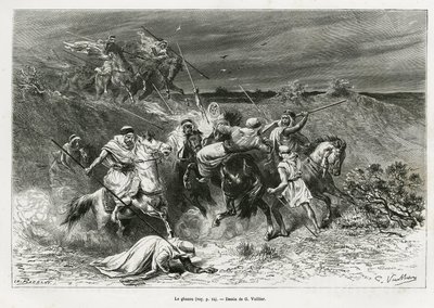 Ghazou tai razzia ryöstää kädellä. G. Vuillierin kaiverrus havainnollistamaan tarinaa "" pelerinage au Nedjed, arabirodun kehto", Lady Anna Blunt, vuosina 1878-1879, julkaistu Tour du mondessa, Edouard Chartonin (1807-) johdolla. tekijältä Gaston Vuillier