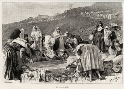 Osilon (Italia) laventeli, naiset kokoontuivat altaan ympärille. Kaiverrus ja tarina "" La Sardaigne", Gaston Vuillier (1845-1915), vuonna 1890, Le tour du monde, nouveau journal des voyages, Edouard Chartonin (1807-1890) johdolla, 2. lukukausi tekijältä Gaston Vuillier